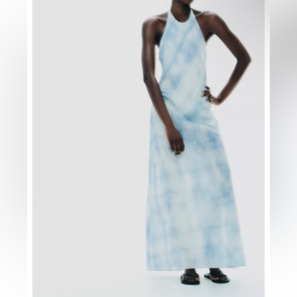 Zara Blue Tie-Dye Maxi Dress button neck closure, open back size xl cotton blend